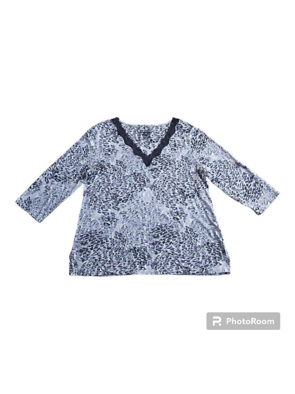 Covington Animal Print Lace V-Neck Shirt - 3/4 Sleeve Cotton Blend - Size Large